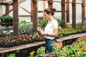 Female florist working inside greenhouse. Professional woman gardening in greenhouse