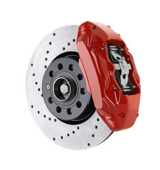 Car brake disc and red caliper isolated on white background - obrazy, fototapety, plakaty