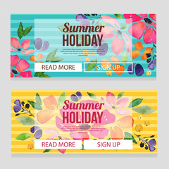 cute summer holiday banner with watercolor plumeria