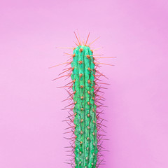 Trendy tropical Green Neon Cactus on Purple Color background. Fashion Minimal Art Concept. Creative Style. Cacti colorfull fashionable mood