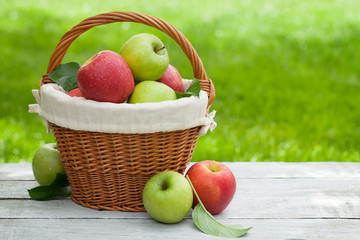 Fresh garden red and green apples in basket