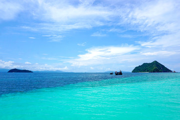 Beautiful blue and turquoise seascape with islands and clear blue sky. Nyaung Oo Phee island in myanmar