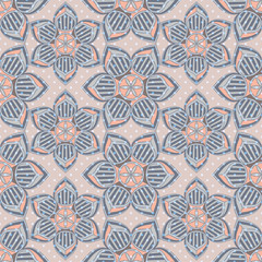 SEAMLESS ORNATE PATTERN WITH MANDALA ELEMENTS AND DOTS IN SHADES OF ORANGE, BLUE, CORAL AND WHITE. MANDALA TEXTURE. VECTOR TEMPLATE FOR FABRIC, WALLPAPER, TILE, WRAPPING, COVERS AND CARPETS.