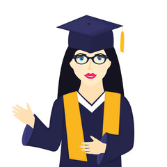 Young girl university graduate in graduation cap with tassel, eyeglasses and gown.