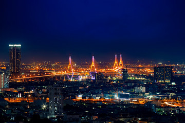Obraz na płótnie Canvas Bangkok City Scape. View of Thailand night view in the business location. Beautiful Bhumibol Bridge and river landscapes. Bangkok Thailand May 27, 2019