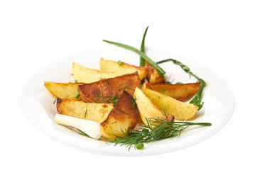 A dish of fried potatoes with herbs onion isolated on white