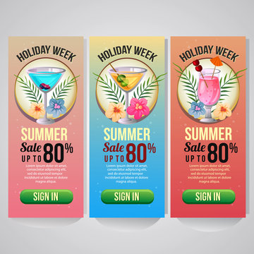 three summer holiday vertical banner website tropical cocktail