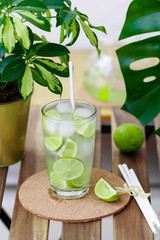 Close up of glass with tropical refreshing lime coctail and plant palm decoration outdoors