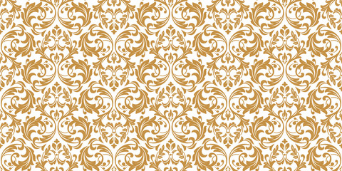 Wallpaper in the style of Baroque. Seamless vector background. White and gold floral ornament. Graphic pattern for fabric, wallpaper, packaging. Ornate Damask flower ornament