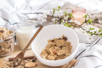still life with a beautiful healthy Breakfast in bed