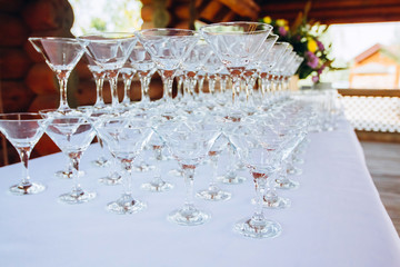 martini glass pyramid.  party in the wooden arbor