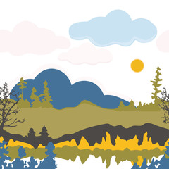 Seamless illustration of mountain scenery, abstract summer day landscape. Vector pattern in shades of yellow, olive, blue, pink, indigo and black. Designed for scrapbooking, wallpaper, gift wraps,