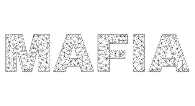 Mesh vector MAFIA text. Abstract lines and small circles are organized into MAFIA black carcass symbols. Linear carcass 2D polygonal mesh in vector EPS format.