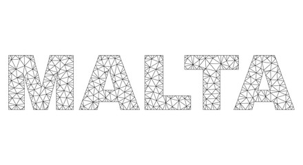 Mesh vector MALTA text. Abstract lines and spheric points are organized into MALTA black carcass symbols. Wire carcass flat polygonal mesh in vector format.