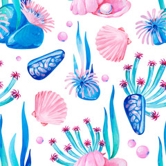 Gouache seamless undersea pattern with marine life and seashells