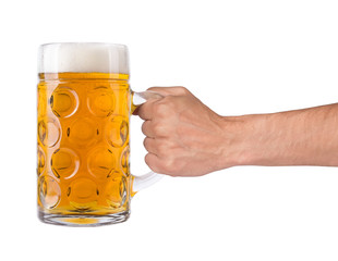 Hand with full beer glass isolated on white