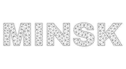 Mesh vector MINSK text. Abstract lines and spheric points form MINSK black carcass symbols. Wire carcass 2D polygonal mesh in eps vector format.