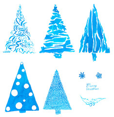 christmas tree design set watercolor illustration isolated on white