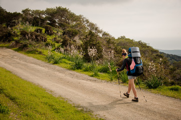 Girl walking on the green path with hiking backpack