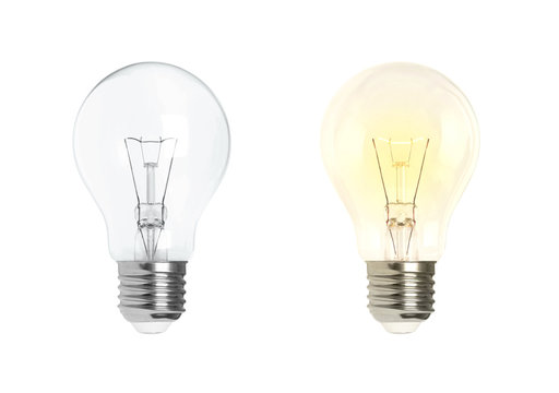 Glowing and turned off electric light bulb isolated on white