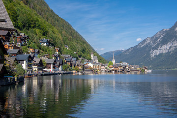 Picturesque small town Hallstadt is Austrian state of Upper Austria, beautiful place surrounded by mountains and lake Dachstein