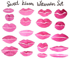 set of pink watercolor lips of different sizes and shapes isolated on white