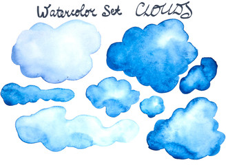 Isolated watercolor clouds collection of different sizes and shapes