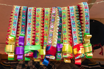 Lithuanian women traditional headgear - crown. For sale at the fair through the International Folklore Music Festival in Vilnius.