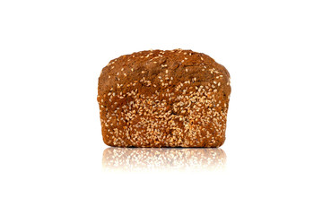 Bread on a white background. Square bread loaf with sesame closeup.