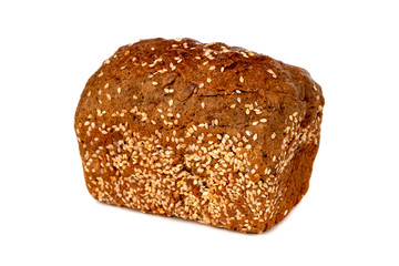 Bread on a white background. Square bread loaf with sesame closeup.