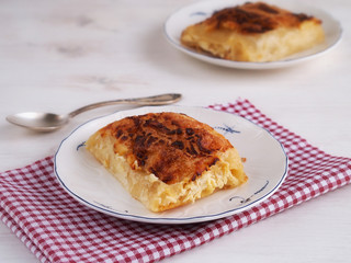 Pumpkin and cheese strudel, traditional Croatian snack called bucnica on white wooden table