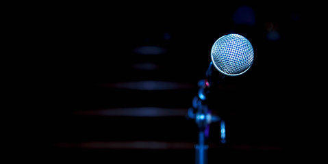 Public performance on stage microphone against black background.