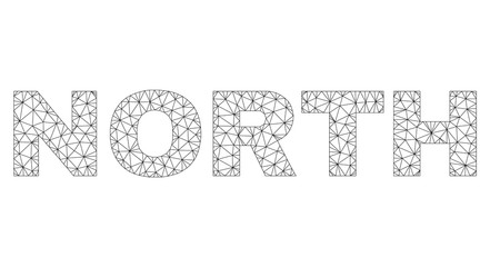 Mesh vector NORTH text. Abstract lines and dots form NORTH black carcass symbols. Wire carcass 2D polygonal mesh in eps vector format.
