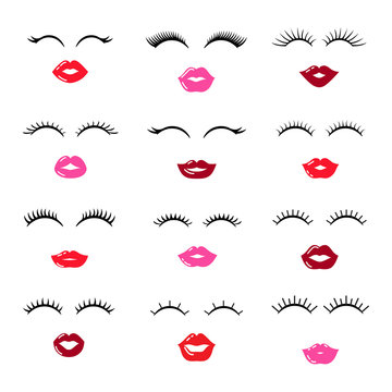 Set of lips with eyelashes. Vector