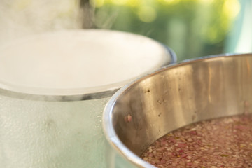 Bowl of condiments ready to be frozen by liquid nitrogen