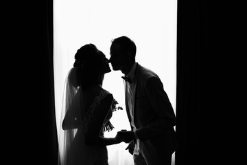 Wedding couple. Silhouete of kissing bride and groom