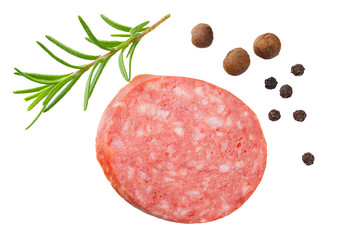sliced sausage salami with rosemary and peppercorns isolated on white background. top view
