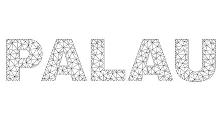 Mesh vector PALAU text. Abstract lines and dots are organized into PALAU black carcass symbols. Linear carcass flat triangular mesh in eps vector format.