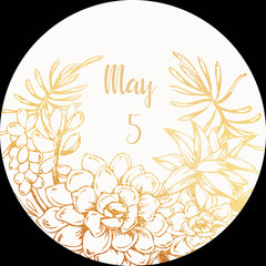 Template of a round greeting card with golden flowers