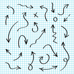 Vector hand drawn arrows set. Black sketch arrows in doodle style. Lines and pointers, check and marks