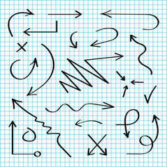 Vector hand drawn arrows set. Black sketch arrows in doodle style. Lines and pointers, check and marks