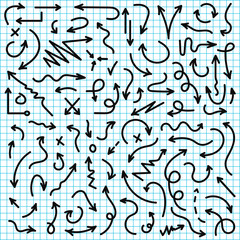 Vector hand drawn arrows set. Black sketch arrows in doodle style. Lines and pointers, check and marks