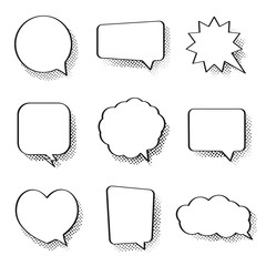Set of comic speech bubbles. Vintage empty comic bubbles with halftone effect in pop art style