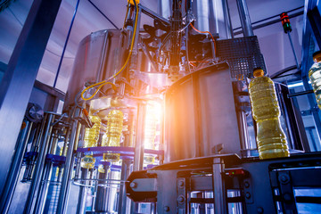 Bottling line of sunflower oil in bottles. Vegetable oil production plant. High technology.