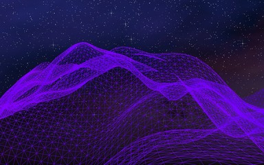 Abstract ultraviolet landscape on a dark background. Purple cyberspace grid. hi tech network. Outer space. Violet starry outer space texture. 3D illustration