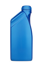 Blue canister with engine oil on white background