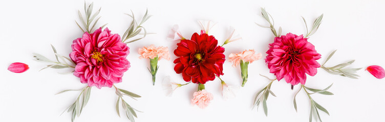 Beautiful Floral top border. Floral arrangement of violet and orange flowers on isolated white background for design.