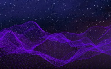 Fototapeta premium Abstract ultraviolet landscape on a dark background. Purple cyberspace grid. hi tech network. Outer space. Violet starry outer space texture. 3D illustration