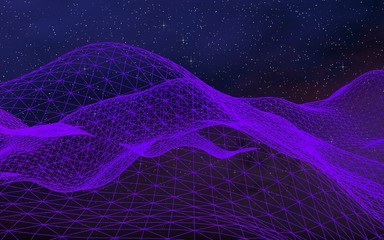 Abstract ultraviolet landscape on a dark background. Purple cyberspace grid. hi tech network. Outer space. Violet starry outer space texture. 3D illustration