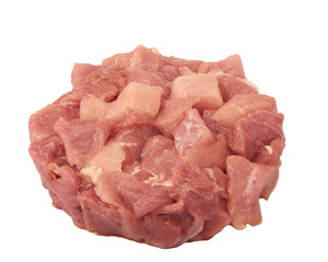 Fresh meat cut into cubes laid out in the form of a circle isolated on white